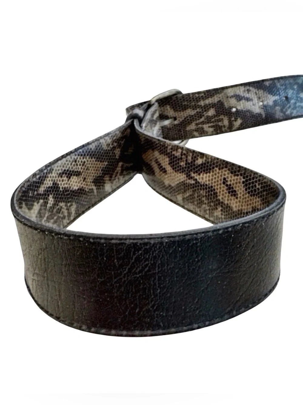 Women’s Python Camo-Styled Leather Belt. Green, Black. 33” x 1.5”